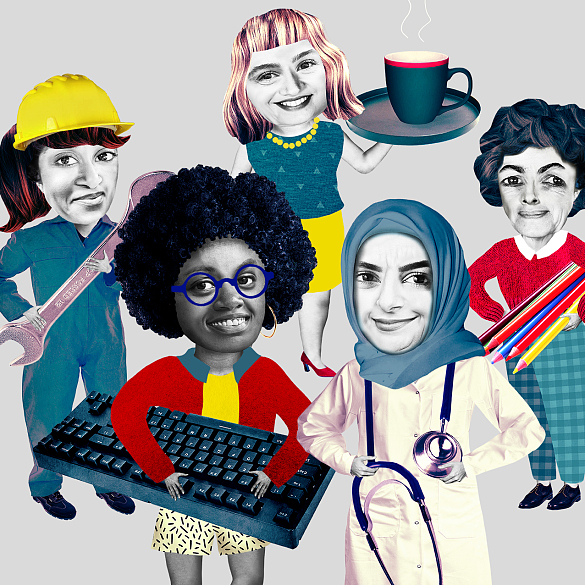 Grafik von fünf Frauen, die alle unterschiedliche Arbeitsgegenstände tragen wie zum Beispiel eine Computer-Tastatur, ein Tablett oder ein Stethoskop.